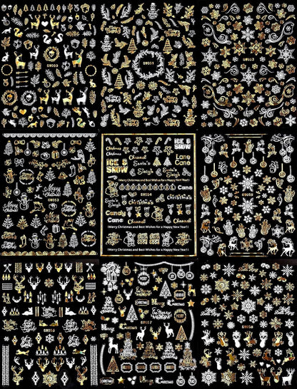 9 Sheets Christmas Nail Art Stickers Decals Self-Adhesive Pegatinas Uñas Gold White Nail Supplies Nail Art Design Decoration Accessories