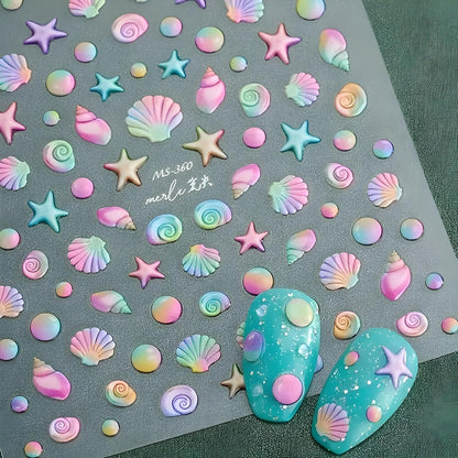 2 Sheets Starfish Nail Stickers - 5D Embossed Self-Adhesive Decals for Summer Nail Art - Colorful Beach Shell Design Supplies Decoration for Women and Girls