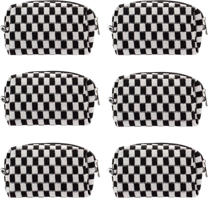 PAZIMIIK Checkered Makeup Bag for Purse Portable Zipper Make Up Pouch Small Cosmetic Case for Travel Accessories (6PCS Black)