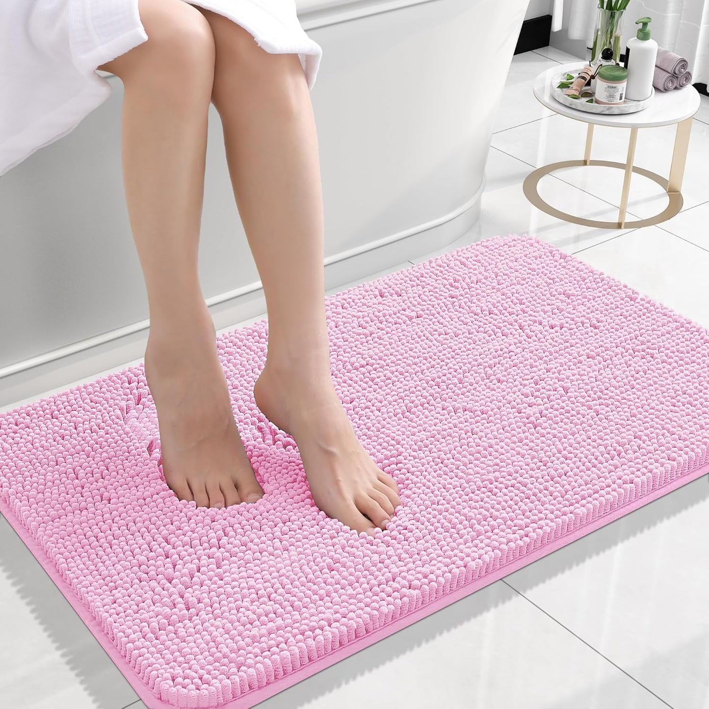 OLANLY Bathroom Rugs 24x16, Extra Soft Absorbent Chenille Bath Rugs, Rubber Backing Quick Dry, Machine Washable Bath Mats for Bathroom Floor, Tub and Shower, Home Decor Accessories, Pink