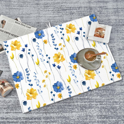 Watercolor Floral Decorative Microfiber Dish Drying Mat for Kitchen Counter 18"x24" Navy Blue Yellow Flower Dishes Pad Dish Drainer Rack Mats Absorbent Washable Reusable