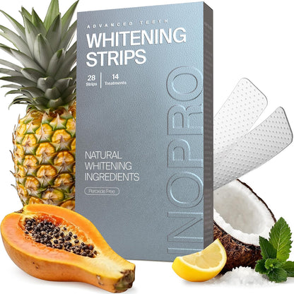 Natural Teeth Whitening Strips Kit 14 Treatments - Sensitive Teeth Whitener, Peroxide Free with Papain, Bromelain, Coconut Oil, White Strips for Teeth Whitening (28 Strips)