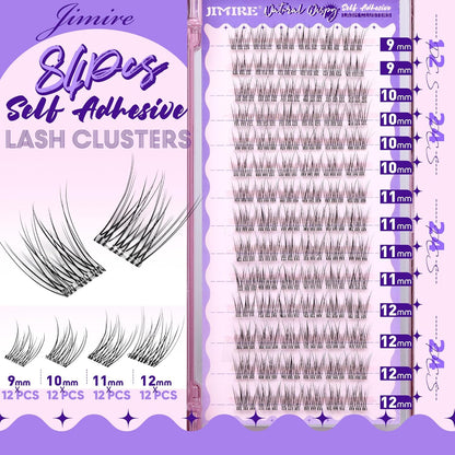 JIMIRE Self Adhesive Eyelashes Wispy Lash Clusters Natural Look 9-12MM Press on Lashes Self Adhesive Lash Clusters No Glue Needed Natural Pre Glued Lashes Clusters Reusable Invisible Band