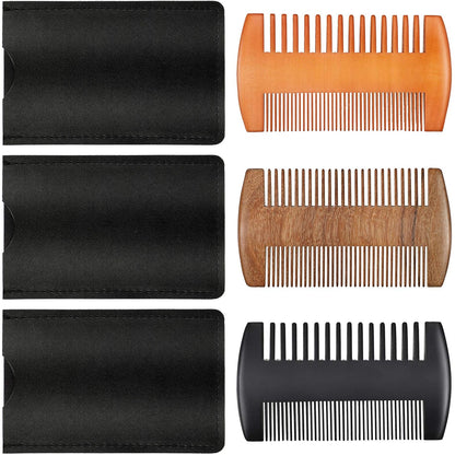 Natural Sandalwood Wooden Dual Action Beard and Mustache Comb Set with Leather Cases for Beards and Mustaches (Black, Yellow, Brown)