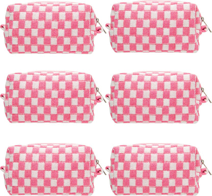 PAZIMIIK Checkered Makeup Bag for Purse Portable Zipper Make Up Pouch Small Cosmetic Case for Travel Accessories (6PCS Pink White)