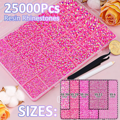 25000Pcs Resin Jelly Rhinestones with Tweezers for Crafting, Hot Pink AB 2-6mm Mixed Sizes Non Hotfix Flatback Gems, Bedazzling Crystal for DIY Crafts Clothing Tumblers Mugs Shoes Decor Nail Art
