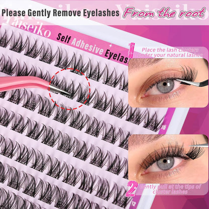 Self Adhesive Eyelashes Kit Wispy Eyelash Extension Self Adhesive Lashes Reusable Press on Lashes No Glue Needed Lash Clusters 10-16mm D Curl Pre Glued Eyelashes Clusters(A01,110Pcs)