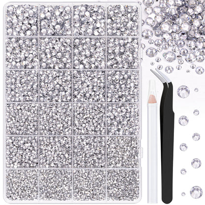 25000Pcs Resin Rhinestones with Tweezers for Crafting, Silver Clear 2-6mm Mixed Sizes Flatback Gems, Bedazzling Crystal for DIY Crafts Clothing Tumblers Mugs Shoes Fabric Decor Nail Art