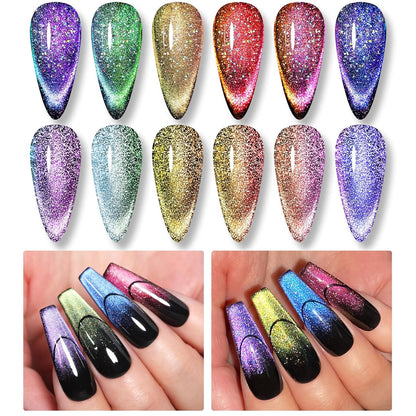 Born Pretty 9D Magnetic Gel Nail Polish Reflective Glitter Gel Polish Holographic Colorful Cat Magnetic Gel Polish Set 7ML 6PCS