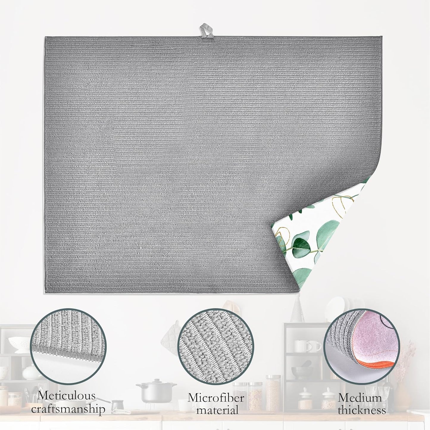 Eucalyptus Leaves Dish Drying Rack Mat for Kitchen Counter,Vintage Boho Dish Drying Pad Absorbent Reversible Microfiber Protector for Coffee Bar Sink Countertops 18x24 Inch