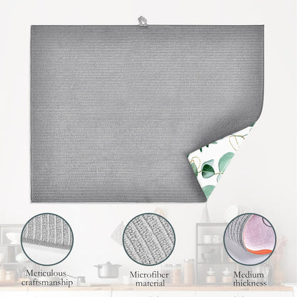 Eucalyptus Leaves Dish Drying Rack Mat for Kitchen Counter,Vintage Boho Dish Drying Pad Absorbent Reversible Microfiber Protector for Coffee Bar Sink Countertops 18x24 Inch