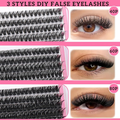 3 Styles Lashes Cluster Kit 720Pcs Eyelash Extensions Kit 40P+60P+80P Bulk Pack D Curl Volume False Eyelashes DIY Individual Wispy Fake Eye Lashes Combo Packs with Bond&Seal |Tweezers | Removers