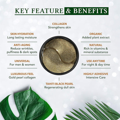 Korean Under Eye Patches 24K Gold Black Pearl Mask Anti-Aging Hyaluronic Acid Collagen Neck Forehead Laugh Line Pad Reducing Dark Circles Treatment (60pcs, gold patches 60pcs)