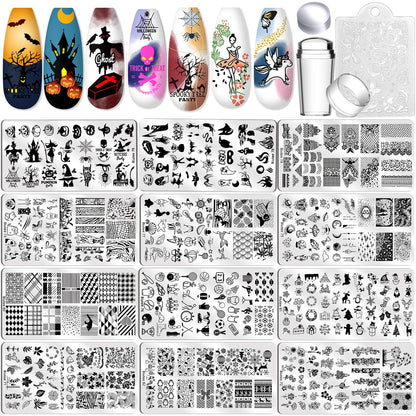 Biutee Nail Stamping Plate Set 12Pcs Nail Art Stamping Plates Nail Stamping Kit Nail Stamper Kit Flower Leaves Animal Lace Star Halloween Christmas Design Nail Stamp Plate
