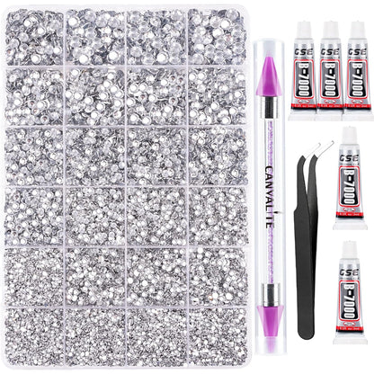 Canvalite 25000Pcs Resin Jelly Rhinestones for Crafting, Clear Flatback Gems, Bedazzling Crystal with 5Pcs 2.5g B7000 Jewelry Glues and Tweezers and Dotting Pen for DIY Crafts Clothing Shoes Nail Art