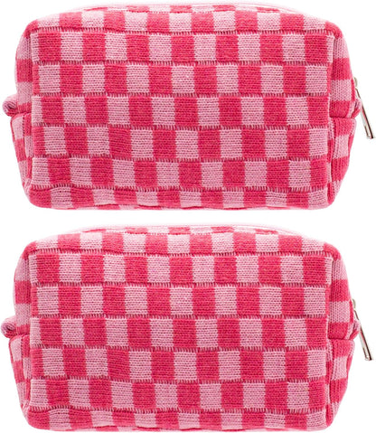 PAZIMIIK Checkered Makeup Bag for Purse Portable Zipper Make Up Pouch Small Cosmetic Case for Travel Accessories (2PCS Hotpink)