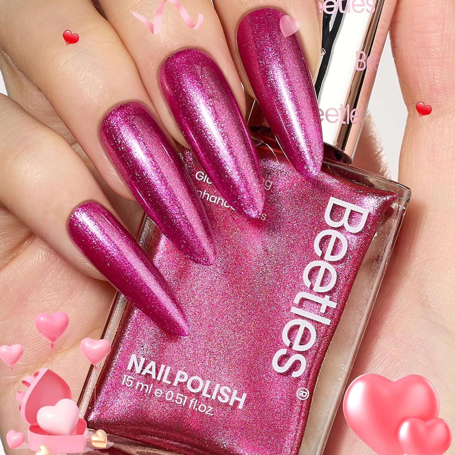 Beetles Hot Pink Nail Polish 15ml, Valentines Day Gifts for Women Fast Drying & Long Lasting Glitter Nail Polish Pink Nail Lacquer Glossy for DIY Nail Salon-Quality Results