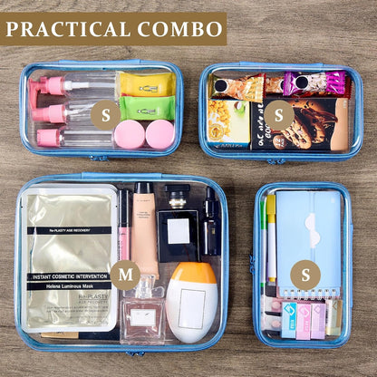 4 pcs Clear Zipper Pouches,Hard Shell Zipper Case, Toiletry Bag for Travel, CLear Diaper Bag, Toiletry Pouch, Travel Organizer, Clear Cosmetic Bag,Toy Storage Bins (M+3S) (Blue)