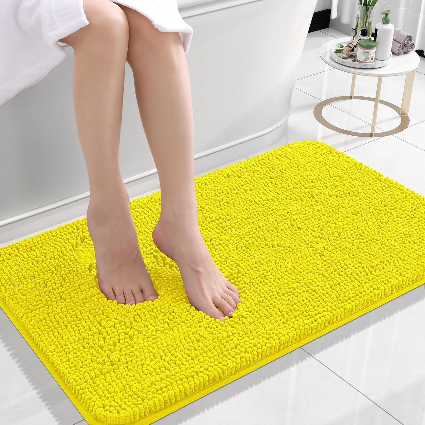 OLANLY Bathroom Rugs 24x16, Extra Soft Absorbent Chenille Bath Rugs, Rubber Backing Quick Dry, Machine Washable Bath Mats for Bathroom Floor, Tub and Shower, Home Decor Accessories, Lemon Yellow