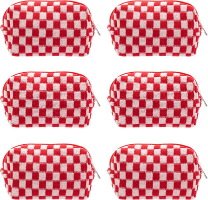 PAZIMIIK Checkered Makeup Bag for Purse Portable Zipper Make Up Pouch Small Cosmetic Case for Travel Accessories (6PCS Red)