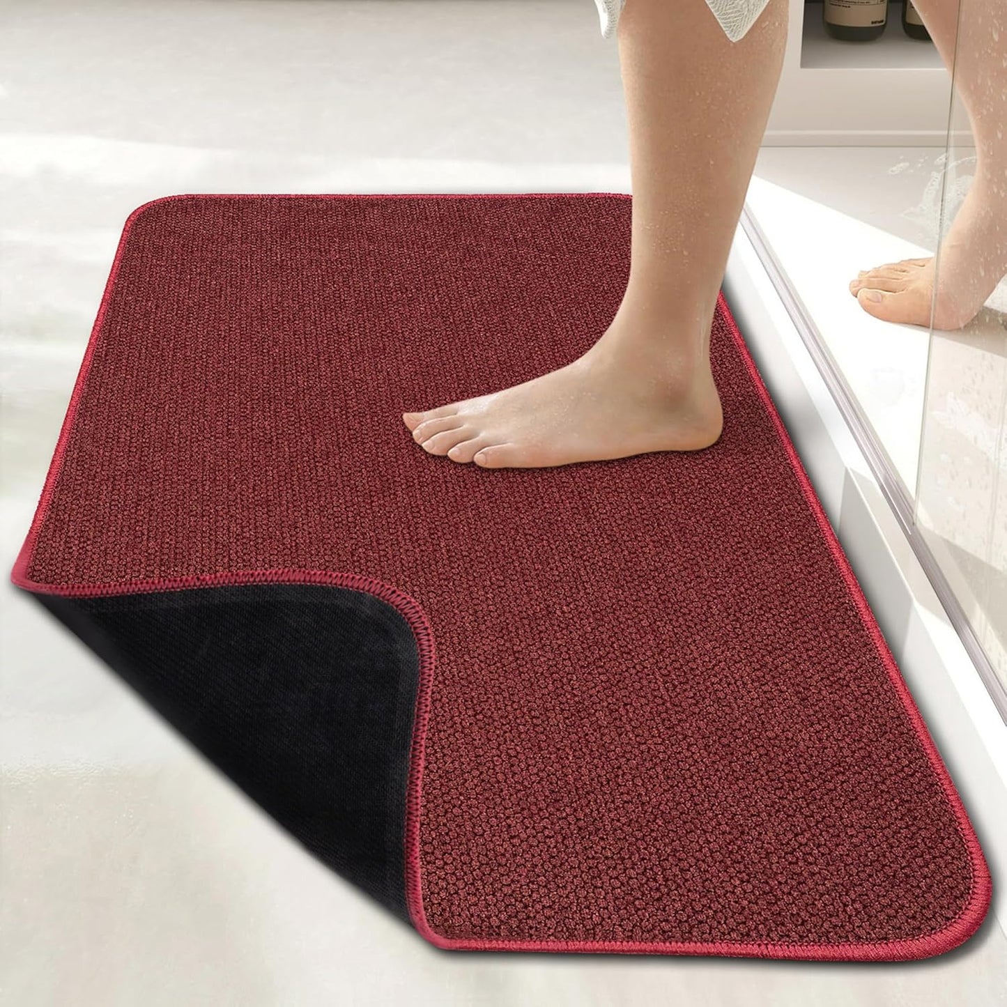Bath Mat,Ultra Thin Bathroom Rugs,Rubber Bath Mats for Bathroom,No Slip Bath Rugs,Quick Dry,Machine Washable,Low Pile,Absorbent,Shower Outside,Sink,Home Decor Accessories.Red,1'8"x2'8"(20x32inch)