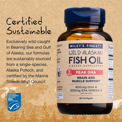 Wiley's Finest Wild Alaskan Fish Oil Peak DHA - 900mg EPA and DHA Omega-3s - 60 Softgels (30 Servings)
