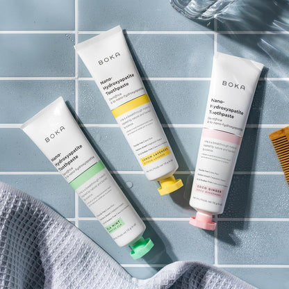 Boka Fluoride Free Toothpaste, Nano Hydroxyapatite Toothpaste, Appropriate for Sensitive Teeth - for Adult, Kids Oral Care - Ela Mint, Coco Ginger, Lemon Lavender Flavor, 4 Fl Oz 3Pk US Manufactured