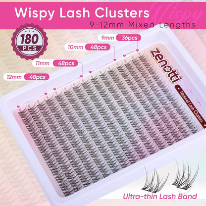 Natural Lash Clusters Wispy Cluster Eyelash Extensions DIY Individual Lashes C Curly 9-12mm Eyelash Clusters 180PCS Lash Extensions with Thin Lash Band by zenotti