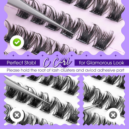 JIMIRE Self Adhesive Eyelashes Manga Lash Clusters Natural Look 10-14MM Wispy Pre Glued Lashes Clusters No Glue Needed D-Curly Natural Cluster Lashes Reusable Invisible Band Press on Lashes