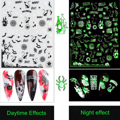 6Sheets Halloween Nail Art Stickers 3D Fluorescent Design Nail Decals Self-Adhesive Halloween Nail Supply Skeleton Pumpkin Spider Ghost Nail Sticker for Holiday Women Girls DIY Manicure Decoration
