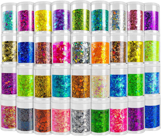 Multicolored Chunky & Fine Glitter Mix, 36 Colors Chunky Sequins & Powder Mix - Iridescent Cosmetic Glitter Flakes for Nail Art, Face, Body, Eyes & Crafts