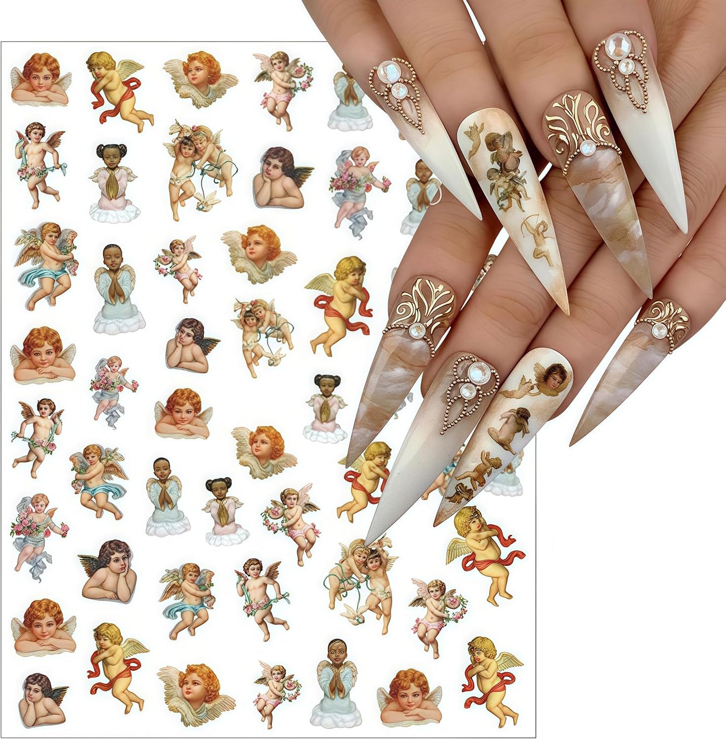 8 Sheets Angel Nail Art Stickers 3D Self-Adhesive Cupid Angel Rose Flowers Wings Heart Design Stickers Decals Valentine's for Women Acrylic DIY Manicure Salon Decoration Kits