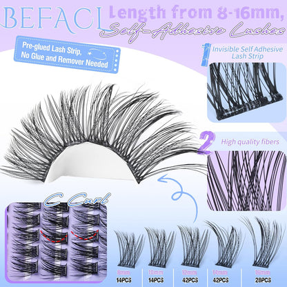 Self Adhesive Eyelashes Clusters Press on Lash Clusters Wispy Lash Extensions No Glue Needed Lashes Clusters Natural Cluster Eyelash Extensions Kit with Tweezers (8-16mm,C Curl)