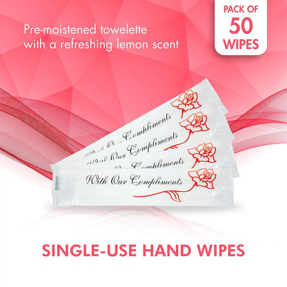 Diamond Wipes Pre-moistened Hand Wipes - “With Our Compliments” Logo 10x8” Extra Thick Lemon-Scented Pack of 50 Individually Wrapped Wet Wipes