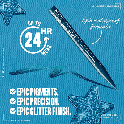 NYX PROFESSIONAL MAKEUP Epic Ink Glitz Liner, Waterproof Metallic Liquid Eyeliner with Vegan Formula - Denim Dazzle (Shimmer Deep Navy)