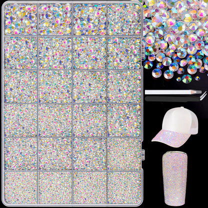 25000Pcs Resin Jelly Rhinestones with Tweezers for Crafting, 2-6mm Mixed Sizes (Transparent AB) Non Hotfix Flatback Gems, Bedazzling Crystal for DIY Crafts Clothing Tumblers Mugs Shoes Decor Nail Art