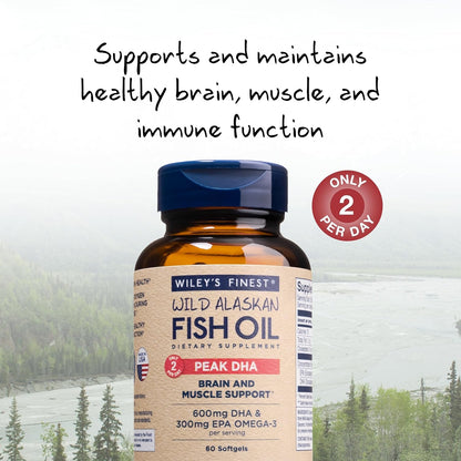 Wiley's Finest Wild Alaskan Fish Oil Peak DHA - 900mg EPA and DHA Omega-3s - 60 Softgels (30 Servings)