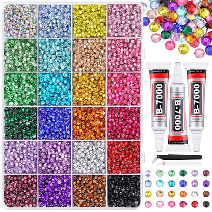 12600Pcs Resin Rhinestones for Bedazzling with Tweezers, Multicolor 4mm Rhinestones for Crafting with 3Pcs 10ml B7000 Jewelry Glue for DIY Crafts Clothing Tumblers Shoes Fabric Nail Art
