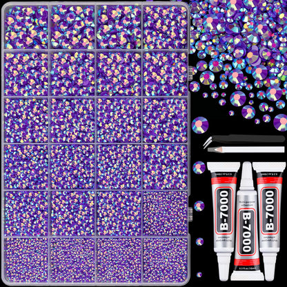 25000Pcs Resin Jelly Rhinestones with Tweezers for Crafting, Dark Purple AB Flatback Gems, Bedazzling Crystal with 3Pcs 10ml B7000 Jewelry Glue for DIY Crafts Clothing Tumblers Shoes Fabric Nail Art