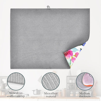 Purple Pink Dish Drying Mats 18x24 Inch,Watercolor Flowers Dish Pad Drying Rack Mat for Kitchen Counter Ultra Absorbent Microfiber Dishware Coffee Maker Bar Countertop Decor