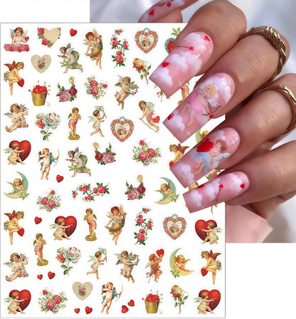 8 Sheets Angel Nail Art Stickers 3D Self-Adhesive Cupid Angel Rose Flowers Wings Heart Design Stickers Decals Valentine's for Women Acrylic DIY Manicure Salon Decoration Kits