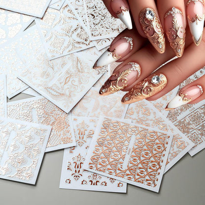 30 Sheets Lace Flower Nail Art Sticker 3D Self-Adhesive Hollow Rose Golden Lace Floral Vine Decals Irregular Geometric Manicure Sliders for Spring Summer Women Acrylic Nail Decorations