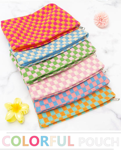 PAZIMIIK Knitted Checkered Makeup Bag Large Zipper Make Up Accessory Pouch for Purse Cosmetic Brush Bag for Travel Essential Pink Green