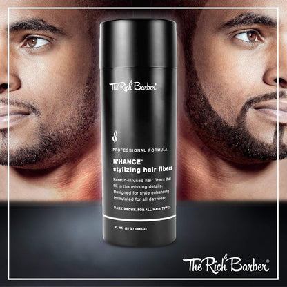 The Rich Barber N’Hance Hair Building Fibers, 3 Month Supply - Barber Hair Thickening Fibers, 25 grams - Grey Hair Concealer Spray - Sharper Hairlines, Thicker Beard & Fuller Hairstyling (Dark Brown)