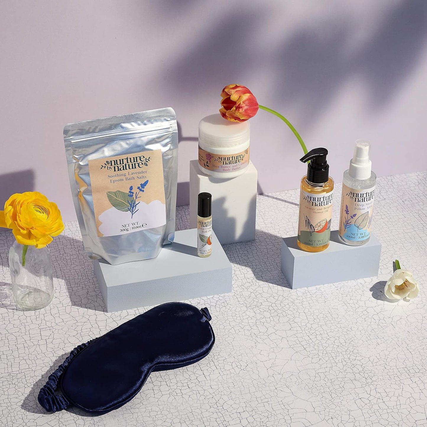 Nurture by Nature's MOMENT FOR MAMA Gift Set, Lavender Pillow Mist, Spa Gift Baskets for Women, 6 Pcs Per Bath Set, Mom Spa Gift Set, Relaxation Kit, Body butter, Shower Oil, Essential Oil Roll on