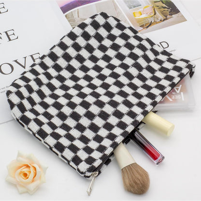 PAZIMIIK Knitted Checkered Makeup Bag Large Zipper Make Up Accessory Pouch for Purse Cosmetic Brush Bag for Travel Essential,Black