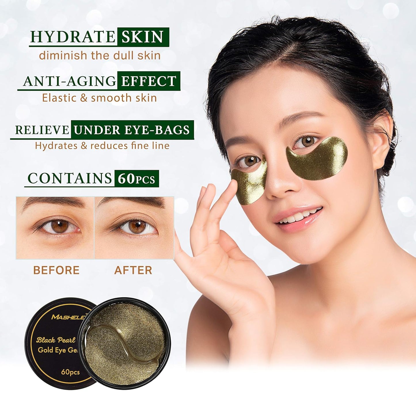 Korean Under Eye Patches 24K Gold Black Pearl Mask Anti-Aging Hyaluronic Acid Collagen Neck Forehead Laugh Line Pad Reducing Dark Circles Treatment (60pcs, gold patches 60pcs)