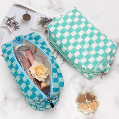 PAZIMIIK Checkered Makeup Bag for Purse Portable Zipper Make Up Pouch Small Cosmetic Case for Travel Accessories (6PCS Arctic Blue)