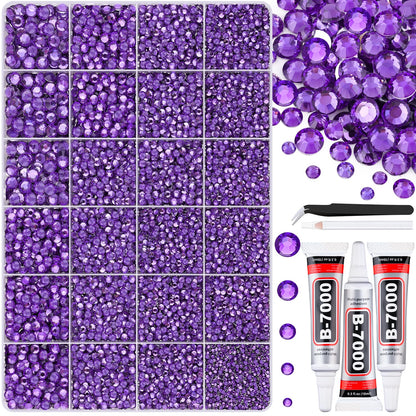30000Pcs Resin Purple Rhinestones for Bedazzling Crafting with b7000 Jewelry Glue, Bulk Flatback Gems Bedazzler Kit for Crafts Clothes Shoes Fabric Nail Diamond Art, Assorted Size 2/3/4/5/6mm