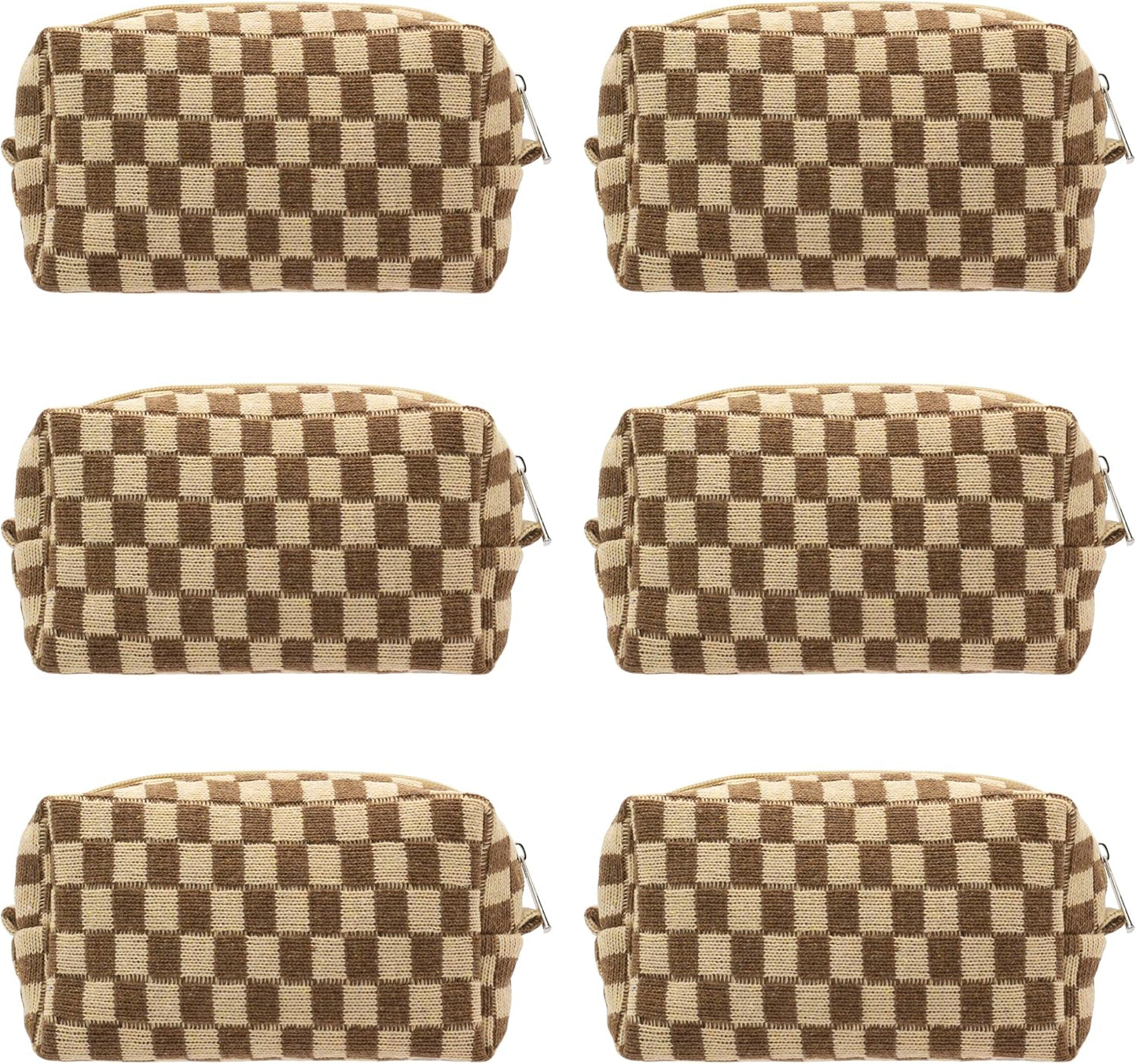 PAZIMIIK Checkered Makeup Bag for Purse Portable Zipper Make Up Pouch Small Cosmetic Case for Travel Accessories (6PCS Coffee)